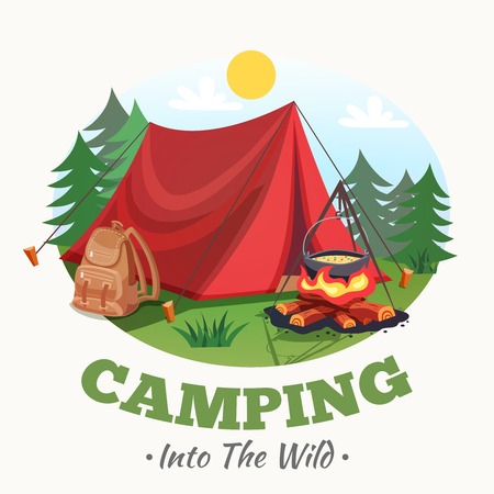 Camping illustration with summer forest cartoon style round composition with tent campfire backpack images and text vector illustrationのイラスト素材