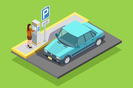 Parking isometric template with car roadsign and woman paying for place isolated vector illustrationのイラスト素材