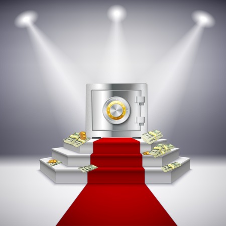 Realistic money performance with steel safe dollar banknotes on festive stage projectors red carpet isolated vector illustrationのイラスト素材