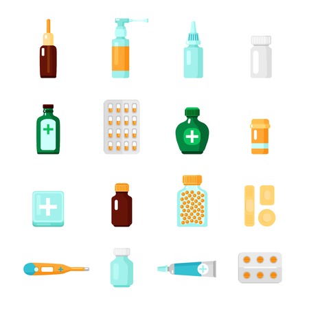 Medications icon set with different types of drugs and medical products in form of droplets blisters and tablets vector illustrationのイラスト素材