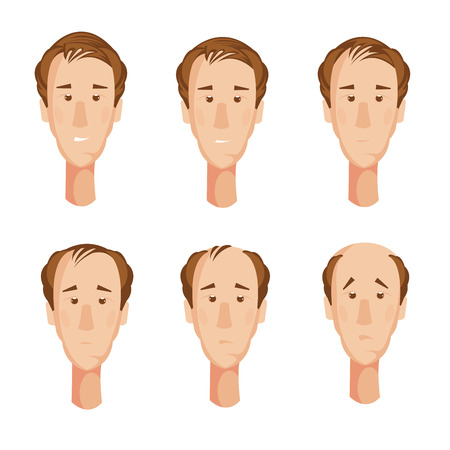 Storyboard with six isolated cartoon male character heads suffering from hair loss with unhappy facial expressions vector illustrationのイラスト素材