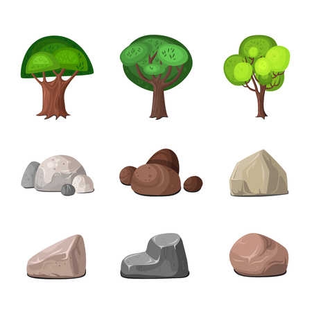 Deciduous trees and stones decoration for park and garden elements set isolated on white background flat vector illustrationのイラスト素材