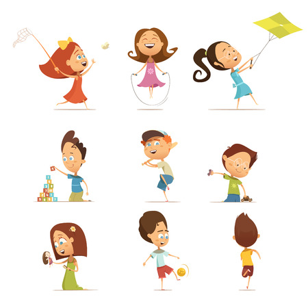 Playing kids cartoon set with kite and football symbols isolated vector illustrationのイラスト素材