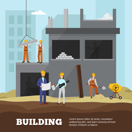 Building industry background with houses equipment city and workers flat illustrationのイラスト素材