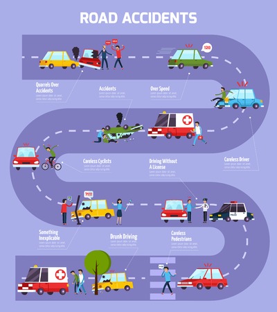 Road accident infographic flowchart with driving symbols flat vector illustrationのイラスト素材