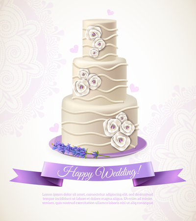 Wedding white cake with decorations wish and ribbon cartoon vector illustrationのイラスト素材