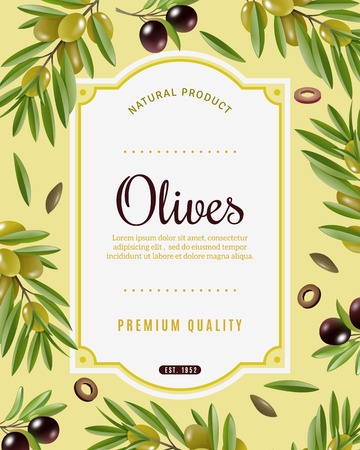 Olive frame background with olive tree symbols cartoon vector illustrationのイラスト素材