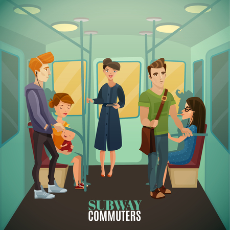 Subway commuters background with underground travel and train interior flat vector illustrationのイラスト素材