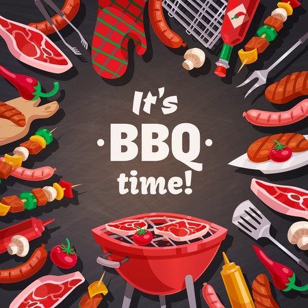 Barbecue grill composition with brazier meat and vegetable skewers pot holder and flatware images with text vector illustrationのイラスト素材