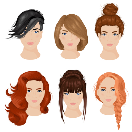 Easy cute hairdo ideas for long hair 6 icons collection with bun and plait isolated vector illustrationのイラスト素材
