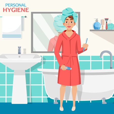 Hygiene cartoon style background with human character in bathrobe and turban modern bathroom interior flat images vector illustrationのイラスト素材