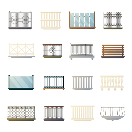 Steel iron glass and wood bacony railing home decorations design ideas flat icons collection isolated vector illustrationのイラスト素材