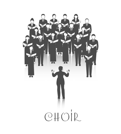 Classic choir performance with sheet music led by conductor dressed in black on white background vector illustrationのイラスト素材