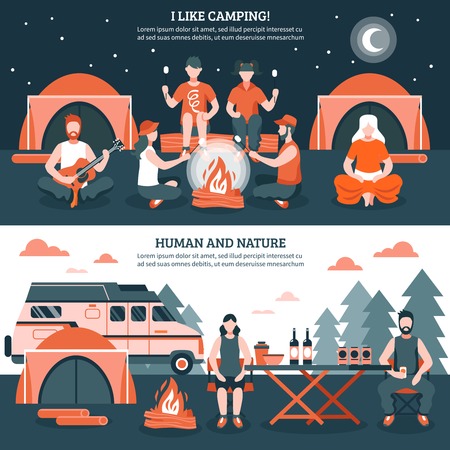 Two horizontal camping and hiking banners with groups of flat faceless people characters tent and bonfire vector illustrationのイラスト素材