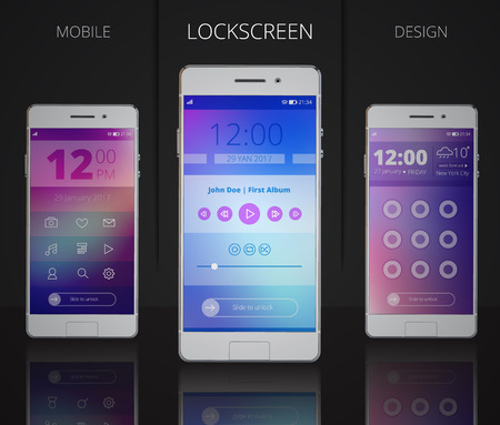 Smartphones lock screen designs with user interface including icons menu music player and password 3d vector illustrationのイラスト素材