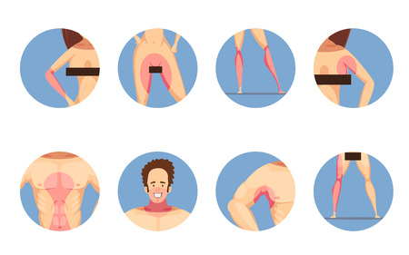 Depilation hair removal zones for men and women cartoon style blue background round icons set isolated vector illustrationのイラスト素材