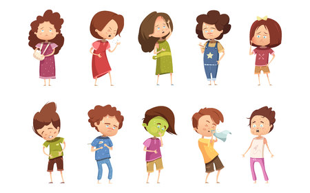 Colored sickness child retro cartoon icon set with girls and boys different degree of disease vector illustrationのイラスト素材