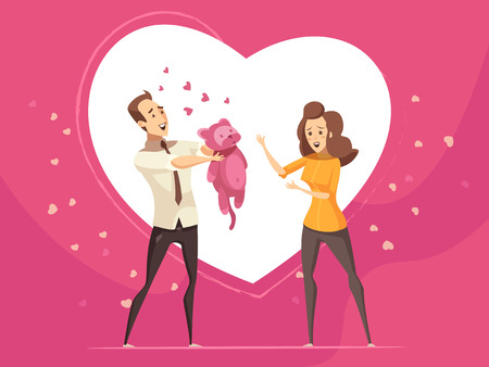Romantic gifts for loving couples valentine day cartoon card with pink background and big heart symbol vector illustrationのイラスト素材