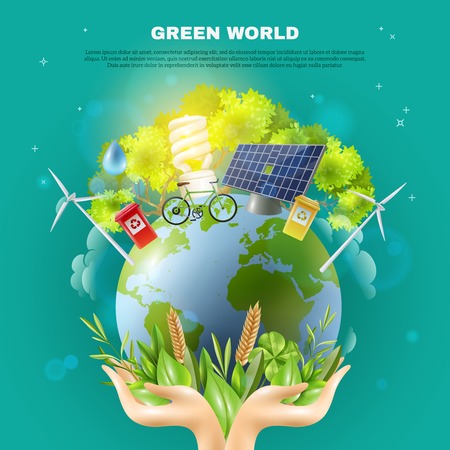 Green world awareness concept ecological composition poster with hands holding earth ball with sustainable energy sources vector illustrationのイラスト素材
