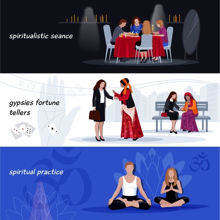 Three horizontal colored hypnotism extrasensory banner set with spiritualistic seance gypsies fortunes tellers spiritual practice descriptions vector illustrationのイラスト素材