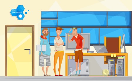 Cartoon composition with software development office interior and three programming engineer characters communicating with each other vector illustrationのイラスト素材