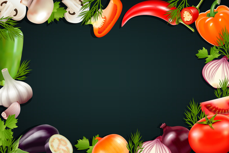 Black background with colorful frame containing realistic vegetables icons so as pepper eggplant tomato onion greengrocery vector illustrationのイラスト素材