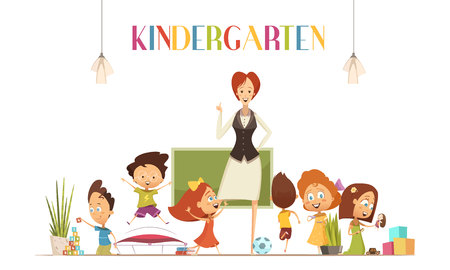 Kindergarten teacher in positive classroom environment coordinates children activities for effective learning retro cartoon poster illustration vectorのイラスト素材