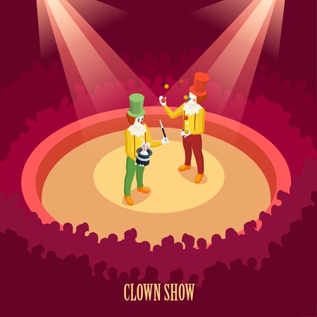 Funny clowns performing on circus arena with spotlights during classic vintage entertaining show isometric poster vector illustrationのイラスト素材