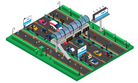 Futuristic transport isometric template with conceptual cars of future highway pedestrian bridge and billboards vector illustrationのイラスト素材