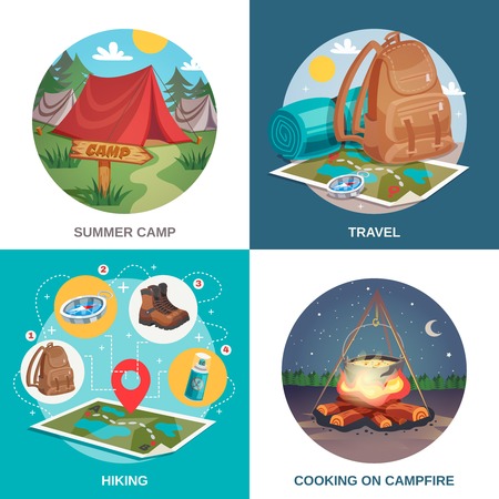 Camping design concept square compositions set with drawn travel tent backpack night campfire images and location vector illustrationのイラスト素材