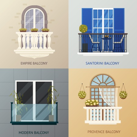 Four square compositions set with antique classic and modern balcony design concept with flat window images vector illustrationのイラスト素材