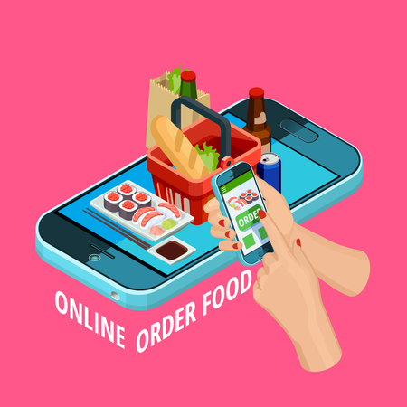 Easy online food order isometric advertisement poster with smartphone checkout grocery basket on pink background vector illustrationのイラスト素材