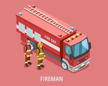 Profession fireman isometric template with firefighters in uniform standing near truck isolated...