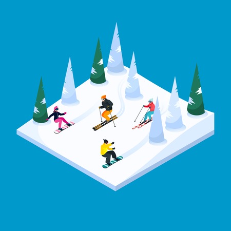 Skiing hill square isometric scenery element with colorful skiers and snowboarders figures snow terrain and trees vector illustrationのイラスト素材