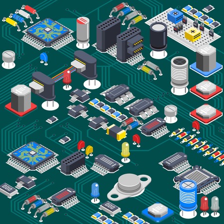 Semiconductor electronic circuit board isometric background with electrolytic capacitors processors and various microcomponents installed on backboard vector illustrationのイラスト素材