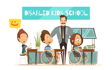 Learning of disabled kids design with boys girl at desks and smiling teacher cartoon style vector illustrationのイラスト素材