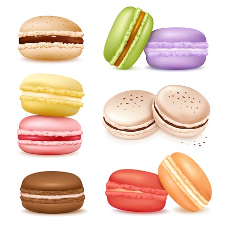 Macaroon set with isolated images of sweet fresh baked almond cookies of different taste and colour vector illustrationのイラスト素材