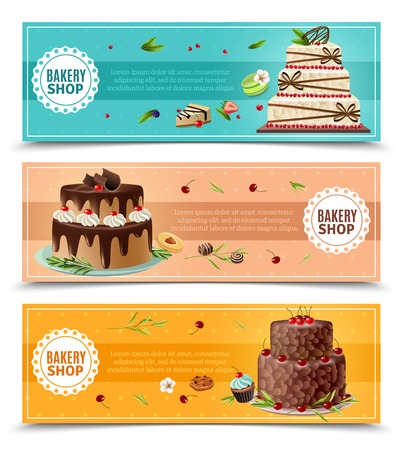 Cakes horizontal banners set with bakery symbols cartoon isolated vector illustrationのイラスト素材