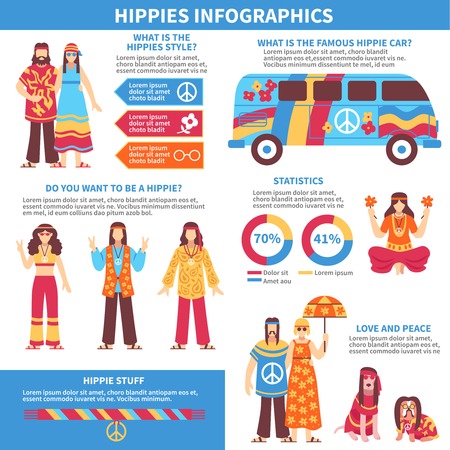 Hippie infographics flat layout with articles on themes of hippies subculture history stuff life style  attributes and slogans vector illustrationのイラスト素材