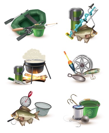 Fishing sport tackle gear and accessories 6 icons collection with inflatable boat and spring balance isolated vector illustrationのイラスト素材