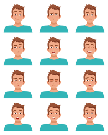 Male avatar cartoon guy character set of facial expressions smile laughter anger fear sadness happiness surprise vector illustrationのイラスト素材
