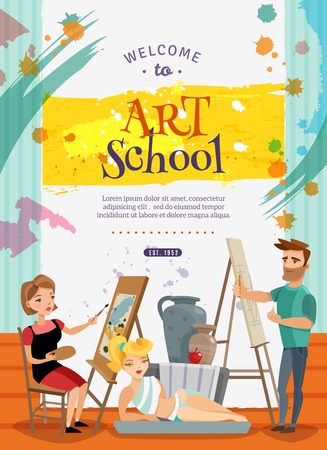 Art school courses on painting and graphic design creative cartoon invitation poster with live model vector illustrationのイラスト素材