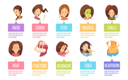 Colored and isolated cartoon sickness woman icon set with nausea rash cough heat fracture and others descriptions vector illustrationのイラスト素材