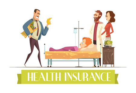 Health insurance police payment plan covers child treatment and food cartoon illustration with happy  visiting parents vectorのイラスト素材