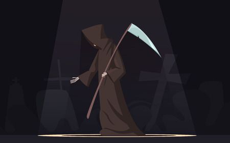 Death with scythe traditional black-hooded grim reaper symbolic figure in spotlight dark background poster cartoon vector illustrationのイラスト素材