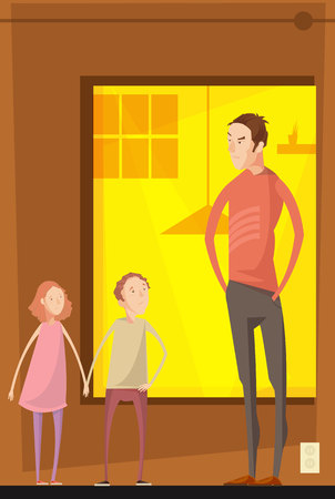 Adults abuse children indoor composition with flat characters of teenager siblings having quarrel with their father vector illustrationのイラスト素材