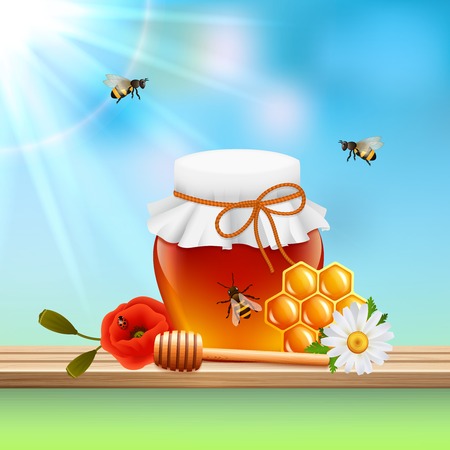 Honey colored composition colored glass jar filled with honey little bees and sun ray vector illustrationのイラスト素材