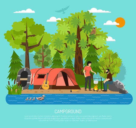Summer family tube tent in campsite recreation area with couple cooking on campfire by the river vector illustrationのイラスト素材