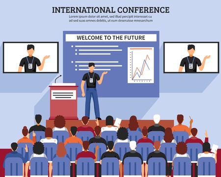 Presentation conference hall composition international conference welcome to the future descriptions vector illustrationのイラスト素材