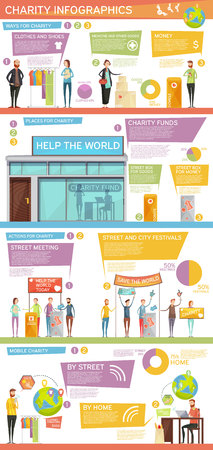 Charity infographics layout with people actions funds ways for support and places for donation flat vector Illustrationのイラスト素材